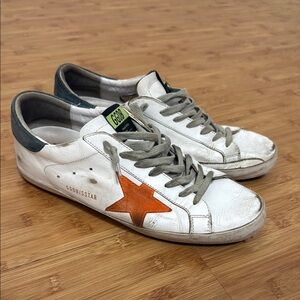 Golden Goose White Sneakers with Orange Star and Green Heel